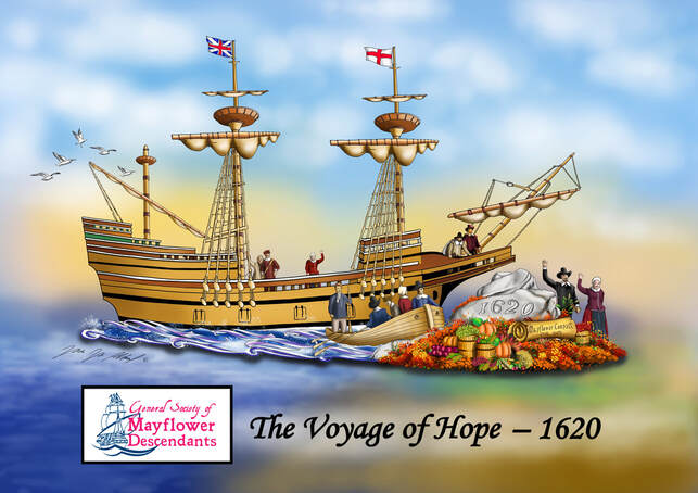 Mayflower float rendering with signage